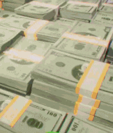 a person holding a green object in front of stacks of money .