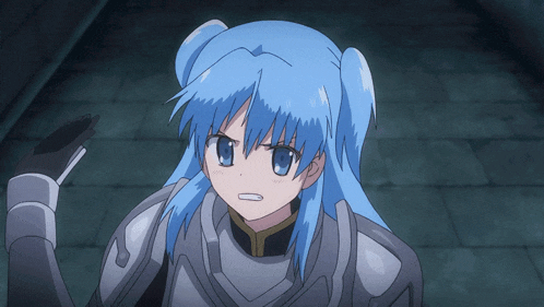a girl with blue hair is wearing armor and a sword
