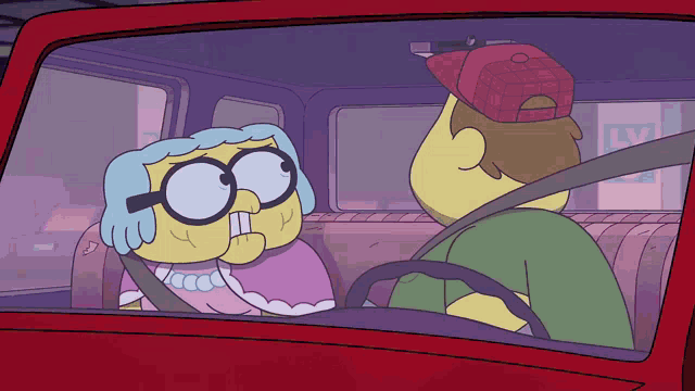 a cartoon character is sitting in the back seat of a car with a man driving