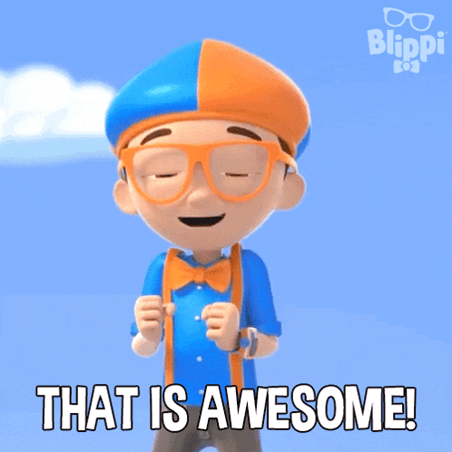a cartoon character says that is awesome in front of a blue sky