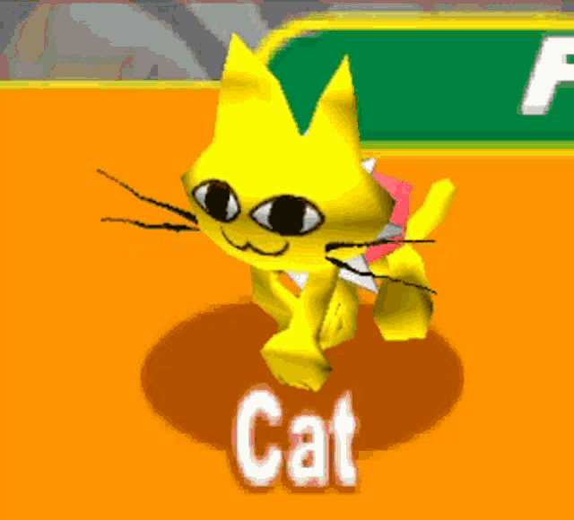 a yellow cartoon cat is walking on a orange surface with the word cat written on it .