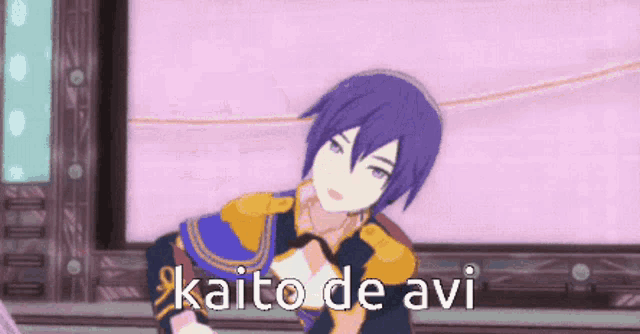 a purple haired anime character with the words kaito de avi written on the bottom