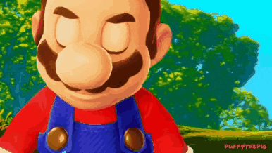 a pixel art of mario with his eyes closed and puff the pig written on the bottom