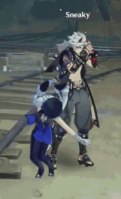 a video game character is standing next to another character with the word sneaky above them