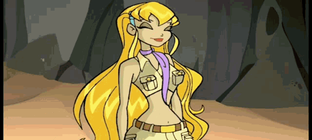 a cartoon drawing of a girl with long blonde hair and a purple scarf around her neck