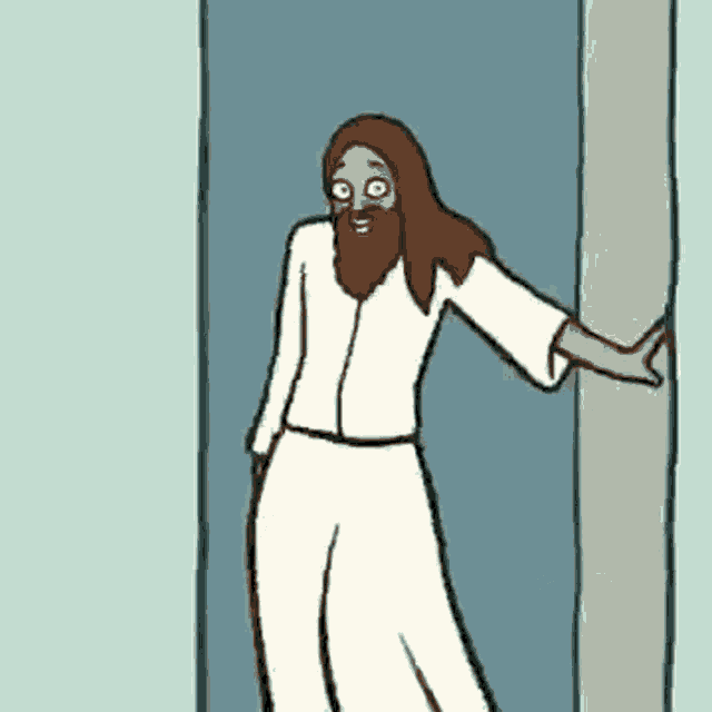 a cartoon of jesus with long hair and a beard standing in a doorway .