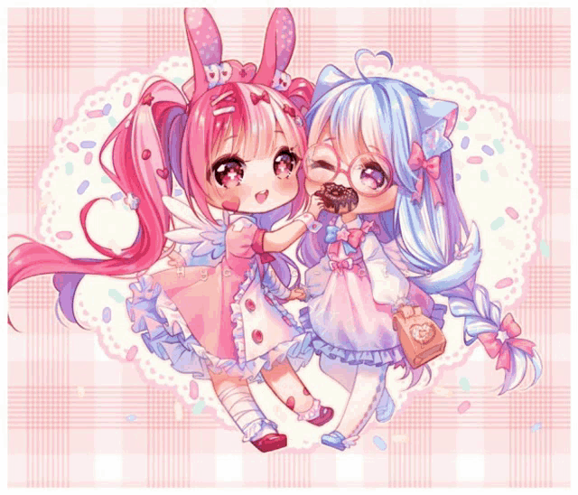 two anime girls are standing next to each other and one of them is eating a donut