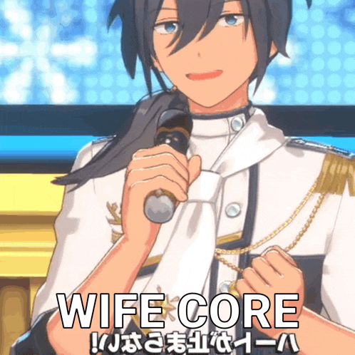 a man is singing into a microphone with the words wife core written below him