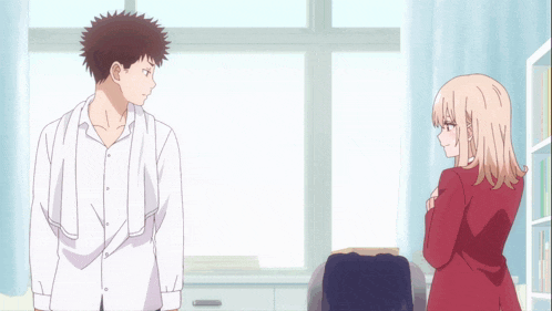 a boy and a girl are looking at each other and the girl has pink eyes