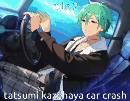a man with green hair is driving a car with rule 2 written on the bottom