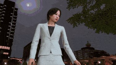 a woman in a white suit stands in front of a city skyline