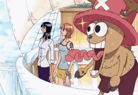 a cartoon of a tony tony chopper standing in front of two women