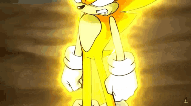 a cartoon of a yellow sonic the hedgehog standing in the dirt