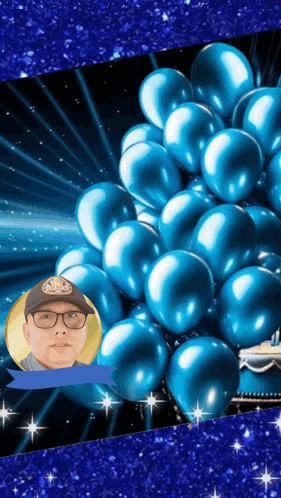 a man wearing glasses is surrounded by blue balloons and a picture of him in a circle