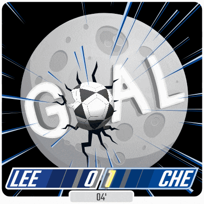 a soccer ball is breaking through a crack in the moon and the score is lee 0-1 che