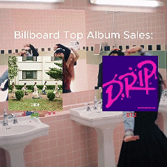 a bathroom with pink tiles and a purple sign that says drip