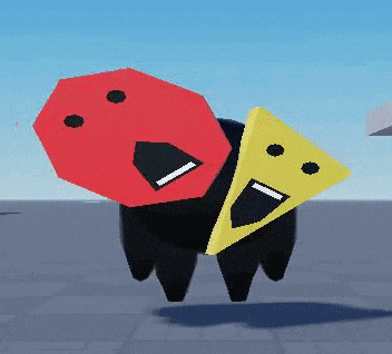 a red and yellow triangle with faces on them are standing next to each other on a brick floor .
