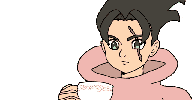 a drawing of a person holding a cup that says ' s ' on it