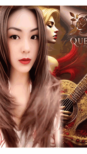 a woman is standing in front of a guitar with the word que on it