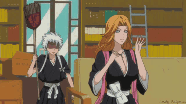 a couple of anime characters standing next to each other with lady belgiana written at the bottom