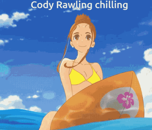 a girl in a yellow bikini is sitting on a surfboard with the words cody rawling chilling below her
