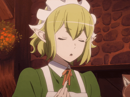 a girl with elf ears is wearing a green and white apron