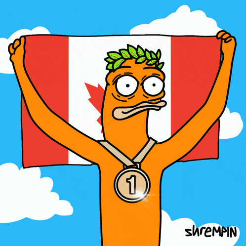 a cartoon character holding a canadian flag and wearing a medal with the number 2