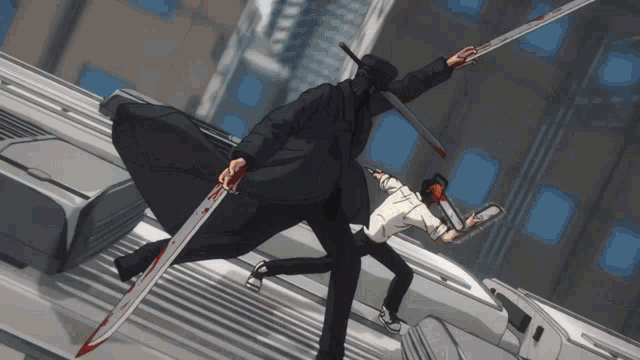 a man holding a sword and another man holding a chainsaw in a cartoon scene