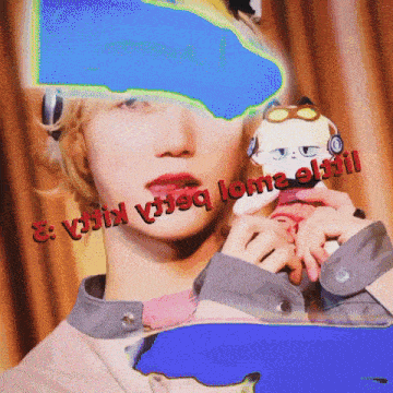 a woman holding a stuffed animal with the words " vjiix v19q lome eltil " written on the bottom