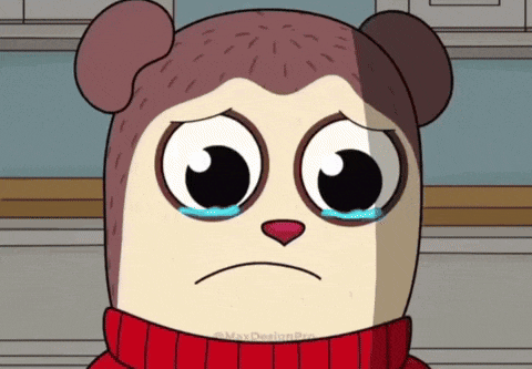 a cartoon character with a sad look on his face is wearing a red sweater