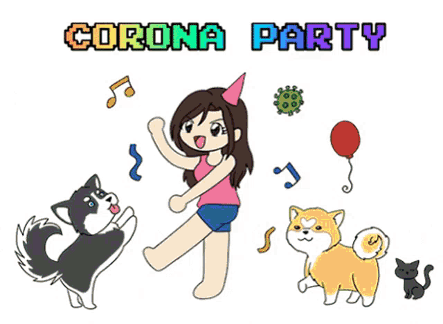 a cartoon drawing of a girl dancing with dogs and the words corona party below her