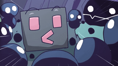 a cartoon drawing of a cube with a pink square and a triangle on its face