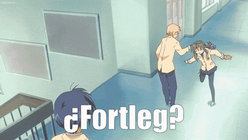a man and a girl are walking down a hallway with the words " fortleg " on the floor