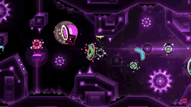 a screenshot of a video game with a purple background and a red ball in the middle