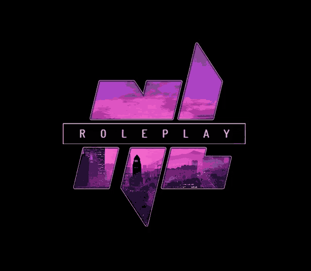 a purple and black logo for roleplay with a cityscape in the background