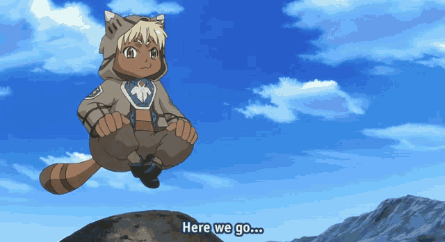 a cartoon character is sitting on a rock with the words here we go above him