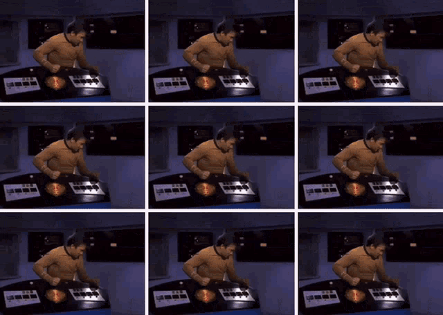 a collage of images of a man standing in front of a control panel that says ' a ' on it