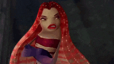 a close up of a cartoon character with red hair and a purple dress .