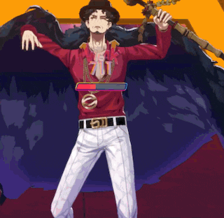 a man in a red shirt is holding a sword and has a weak bar on his chest