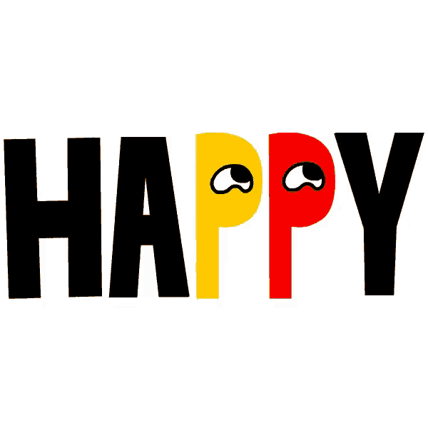 the word happy is divided into two halves and has a pink and blue face on it .