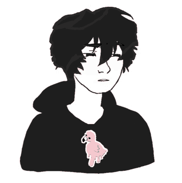 a black and white drawing of a person with a pink parrot on their shirt