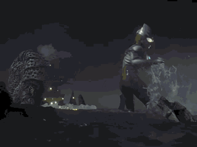 a cartoon character is standing in the water with a light coming out of his mouth
