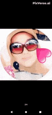 a woman wearing sunglasses and a hijab is in a circle with a pink heart in the middle