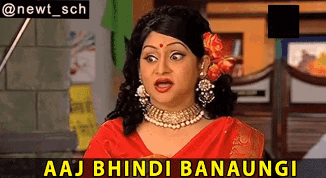 a woman in a red dress with a flower in her hair says " aaj bhindi banaungi "