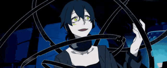 a black and white anime character with yellow eyes is waving her hand