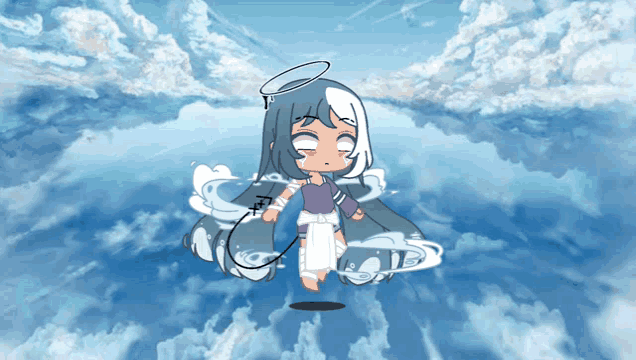 a girl with blue hair and a diaper is floating in the clouds