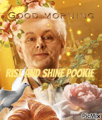 a man is surrounded by flowers and croissants with the words good morning rise and shine pookie