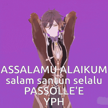 a purple background with a cartoon character and the words assalamu alaikum salam santun selalu passolle 'e yph