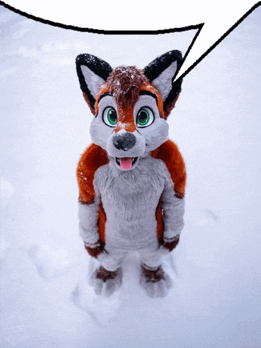 a furry animal standing in the snow with a speech bubble behind it