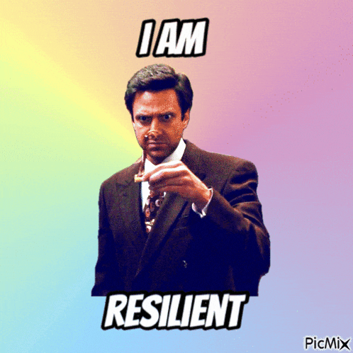 a man in a suit and tie is holding a cigarette and the words i am resilient are above him